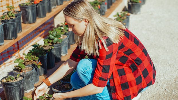 A gardener looking at her flourishing plants