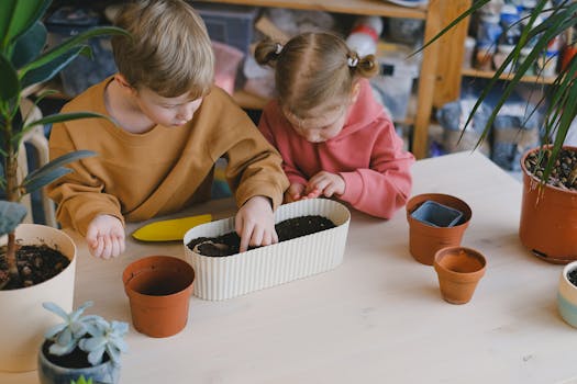 kids planting seeds in a garden